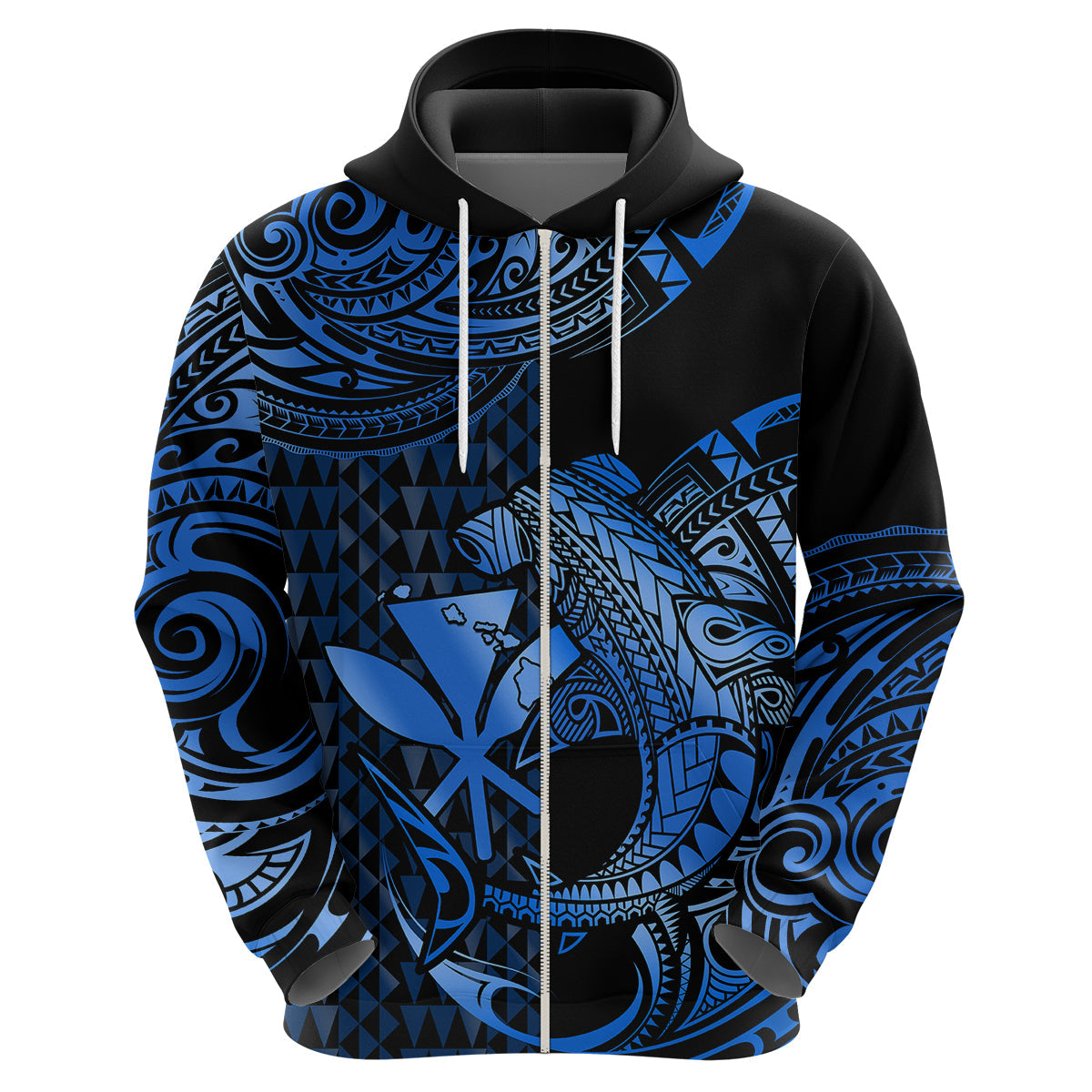 Custom Hawaii Hammerhead Shark Polynesian Hoodie Polynesian Kakau With Kanaka Blue LT14