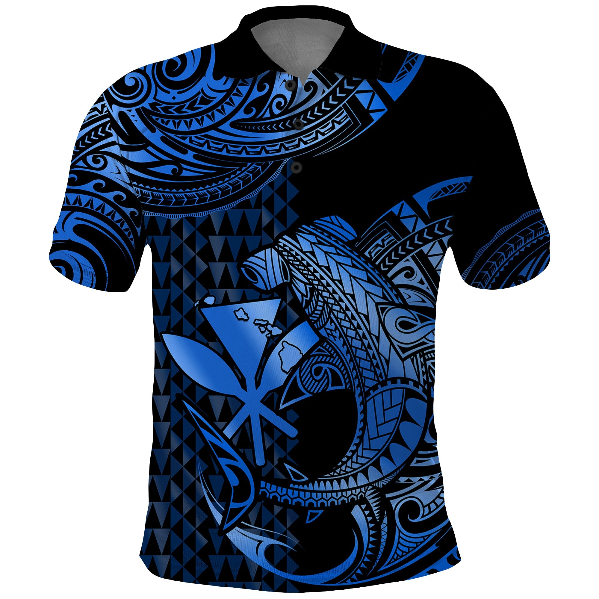 Custom Hawaii Hammerhead Shark Polynesian Tatoo Polo Shirt Polynesian Kakau With Kanaka Blue LT14