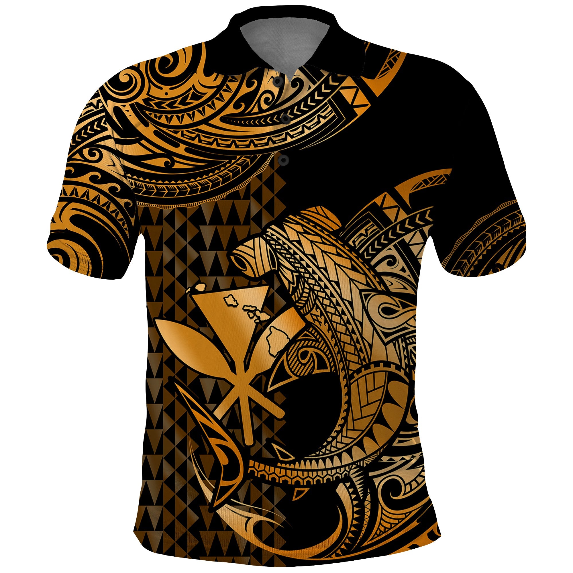 Custom Hawaii Hammerhead Shark Polynesian Tatoo Polo Shirt Polynesian Kakau With Kanaka Gold LT14