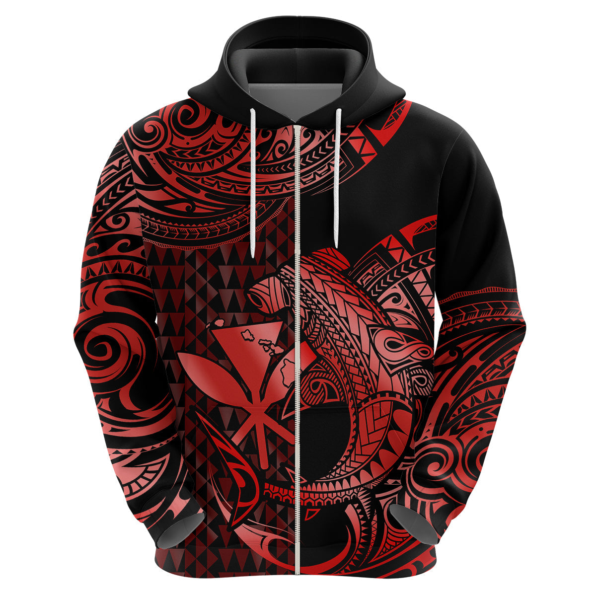 Custom Hawaii Hammerhead Shark Polynesian Hoodie Polynesian Kakau With Kanaka Red LT14