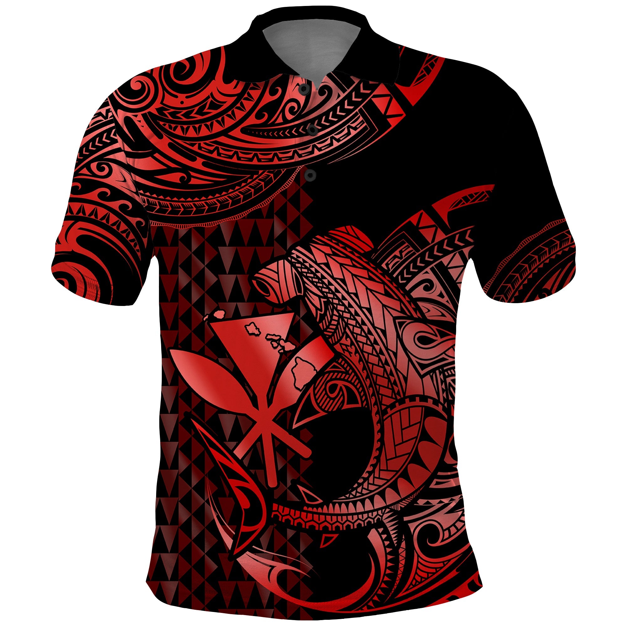 Custom Hawaii Hammerhead Shark Polynesian Tatoo Polo Shirt Polynesian Kakau With Kanaka Red LT14