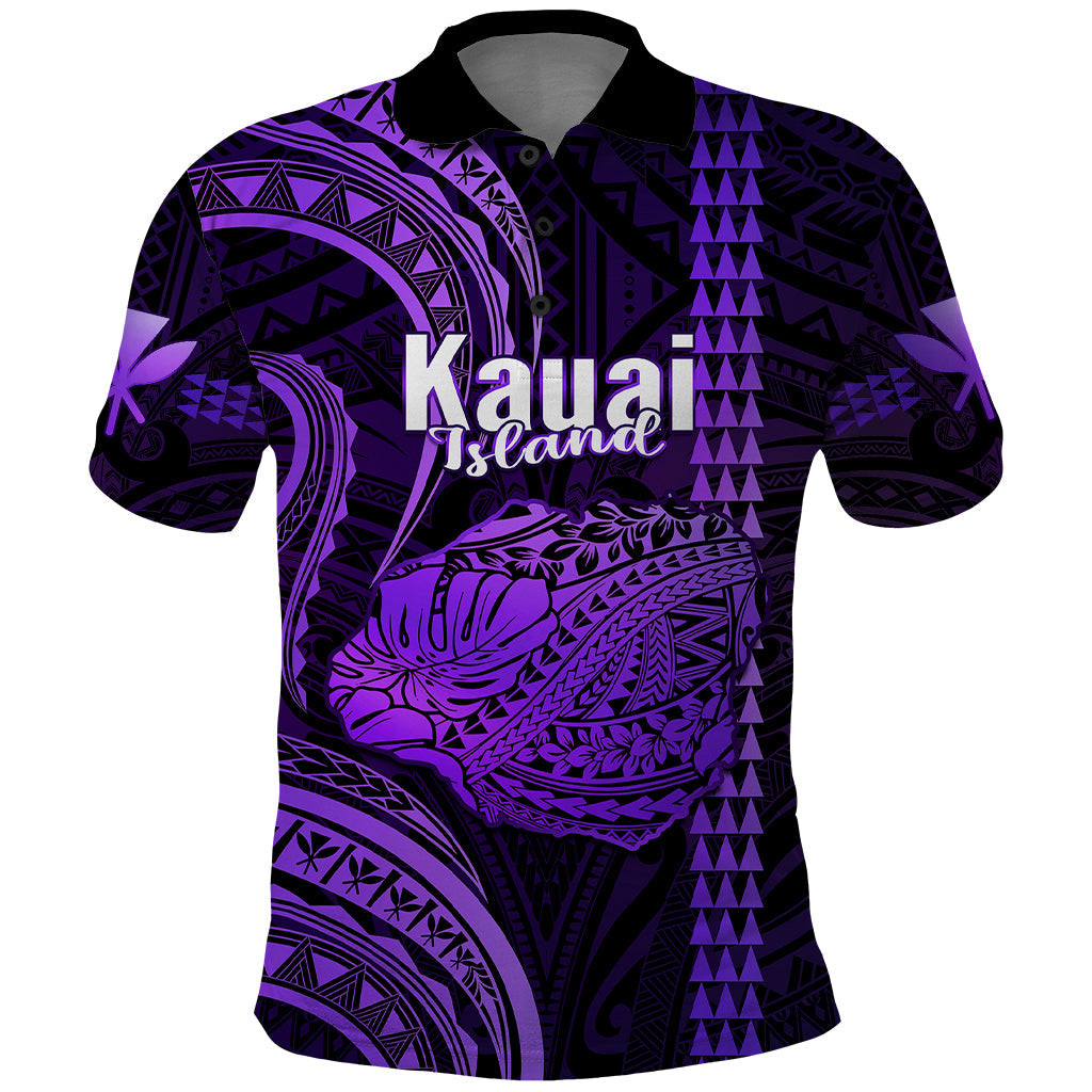 Custom Hawaiian Islands Polo Shirt Kauai Map Purple Kanaka With Kakau LT14
