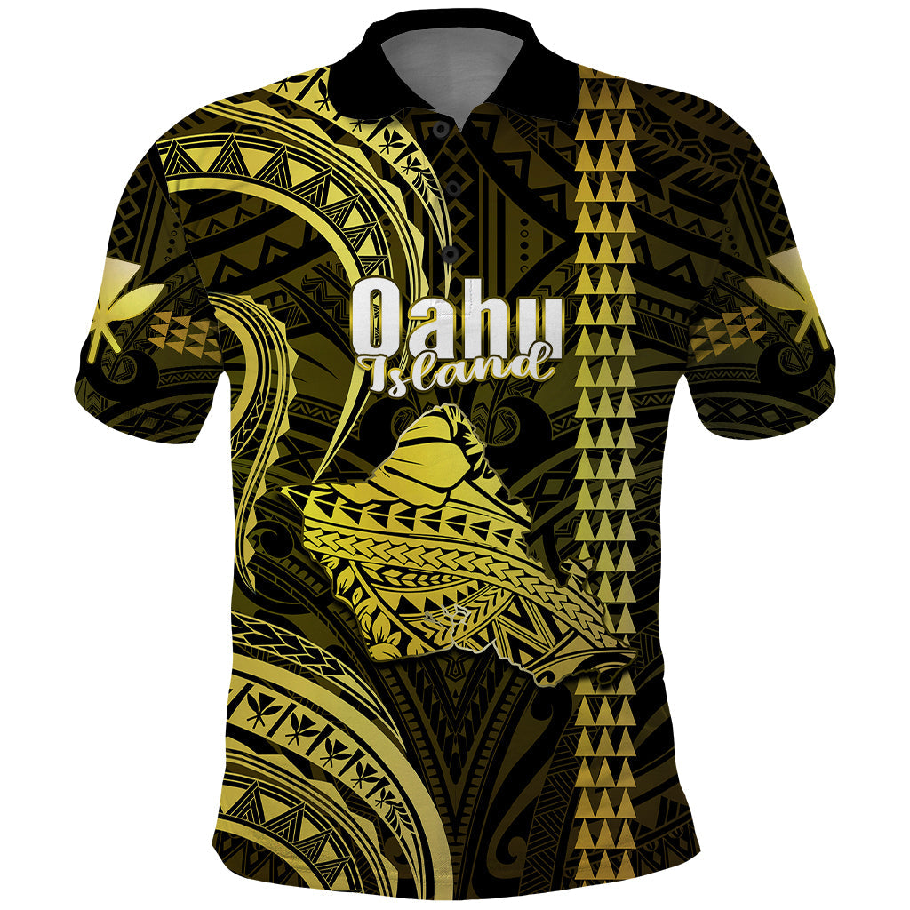 Polynesian Pride Hawaiian Islands Polo Shirt Oahu Map Yellow Kanaka With Kakau LT14