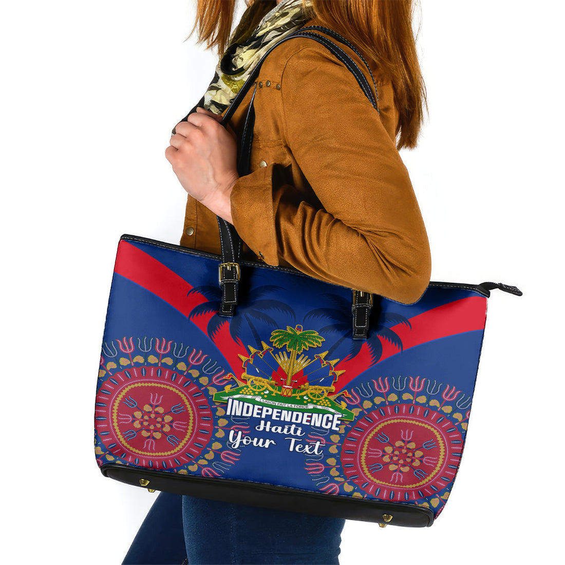 Personalised Haiti Independence Day Leather Tote Bag Ayiti 220th Anniversary With Dashiki Pattern LT14