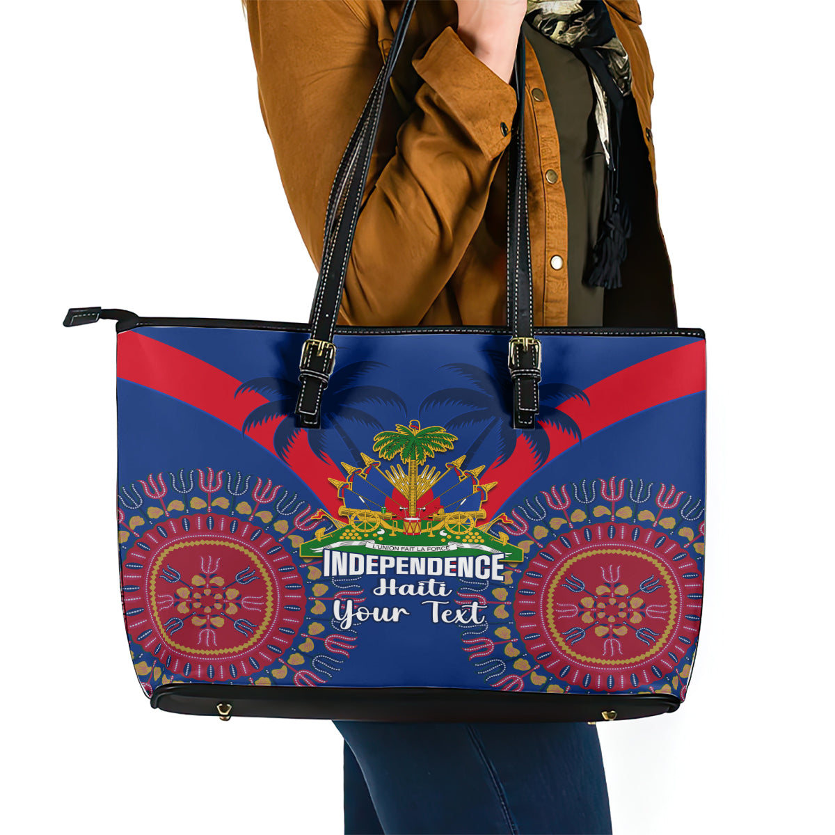 Personalised Haiti Independence Day Leather Tote Bag Ayiti 220th Anniversary With Dashiki Pattern LT14