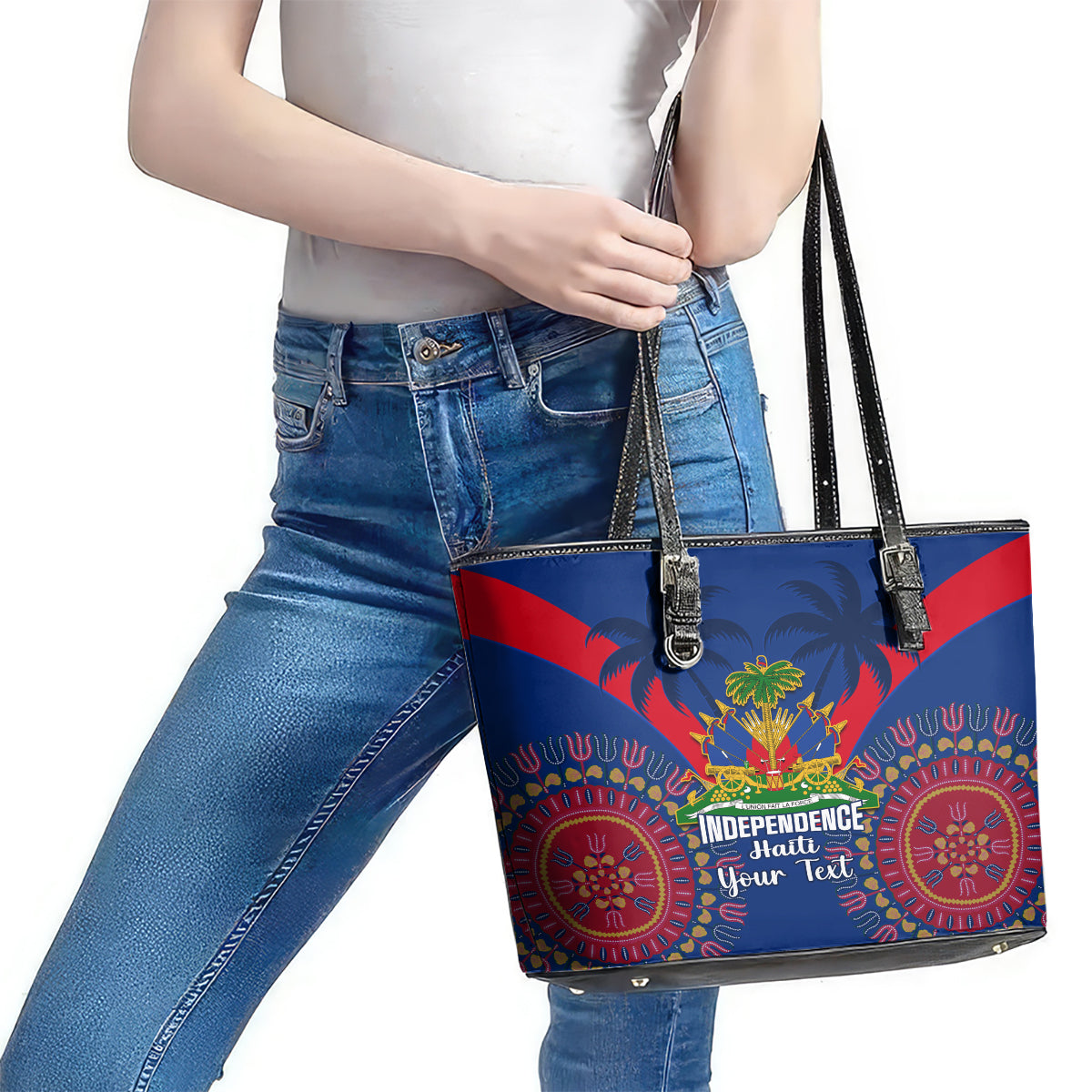 Personalised Haiti Independence Day Leather Tote Bag Ayiti 220th Anniversary With Dashiki Pattern LT14