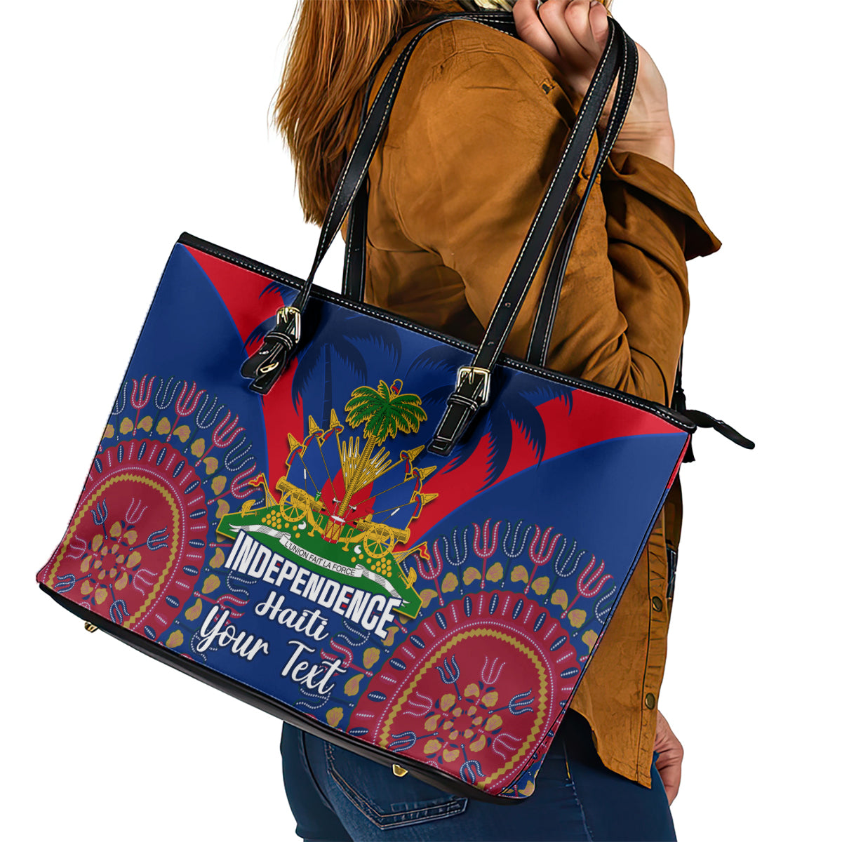 Personalised Haiti Independence Day Leather Tote Bag Ayiti 220th Anniversary With Dashiki Pattern LT14