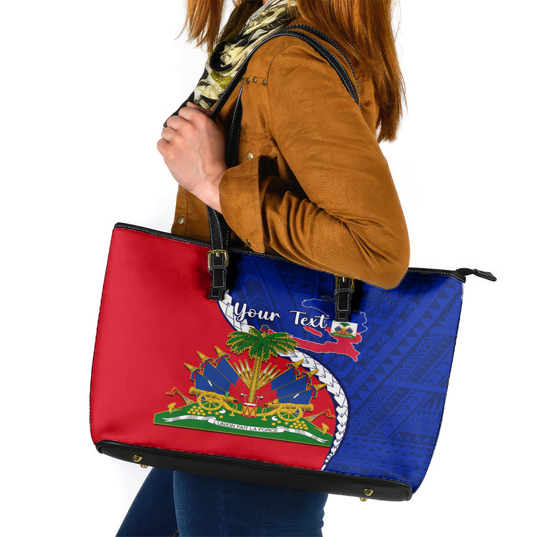 Personalised Haiti Independence Day Leather Tote Bag Ayiti National Emblem With Polynesian Pattern LT14