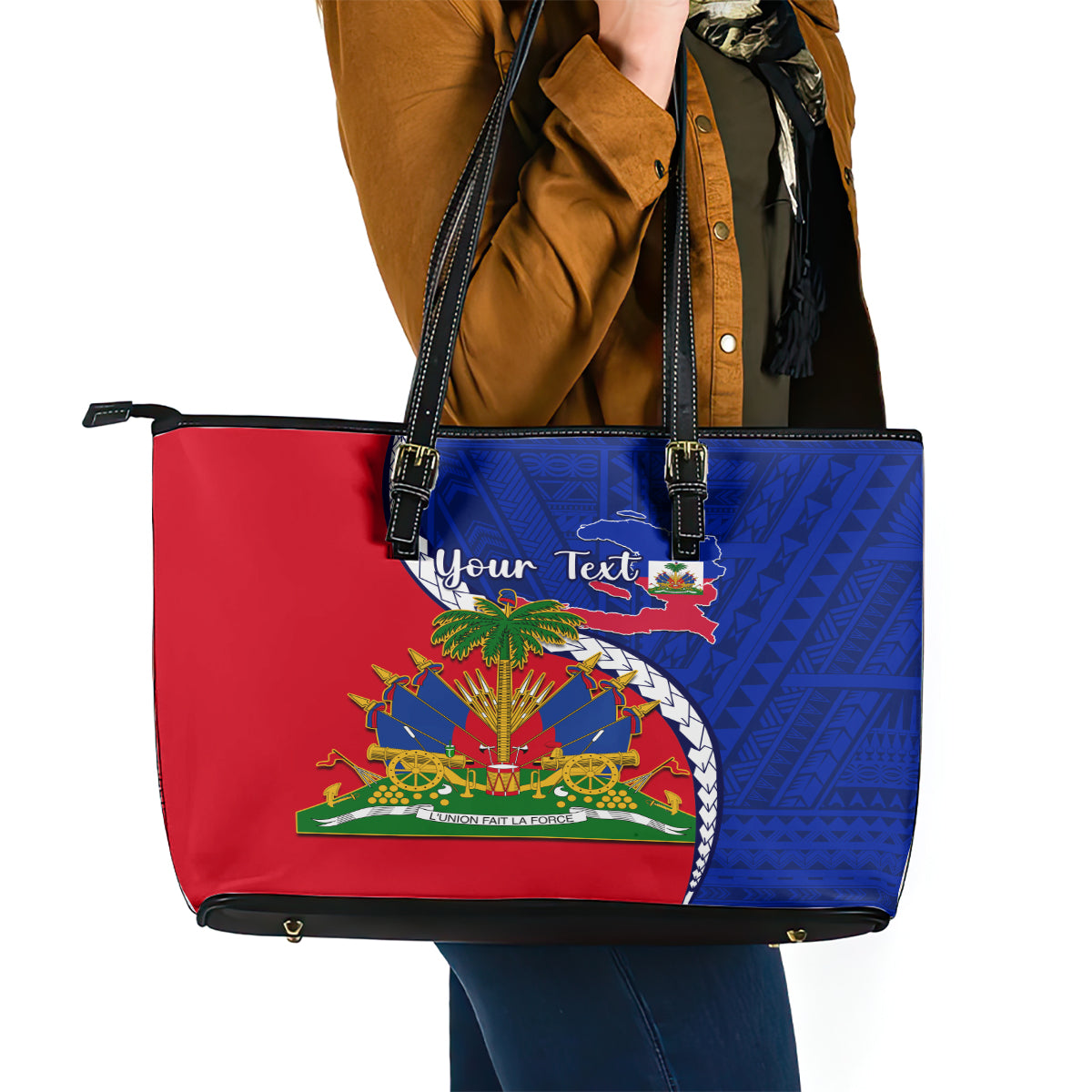 Personalised Haiti Independence Day Leather Tote Bag Ayiti National Emblem With Polynesian Pattern LT14