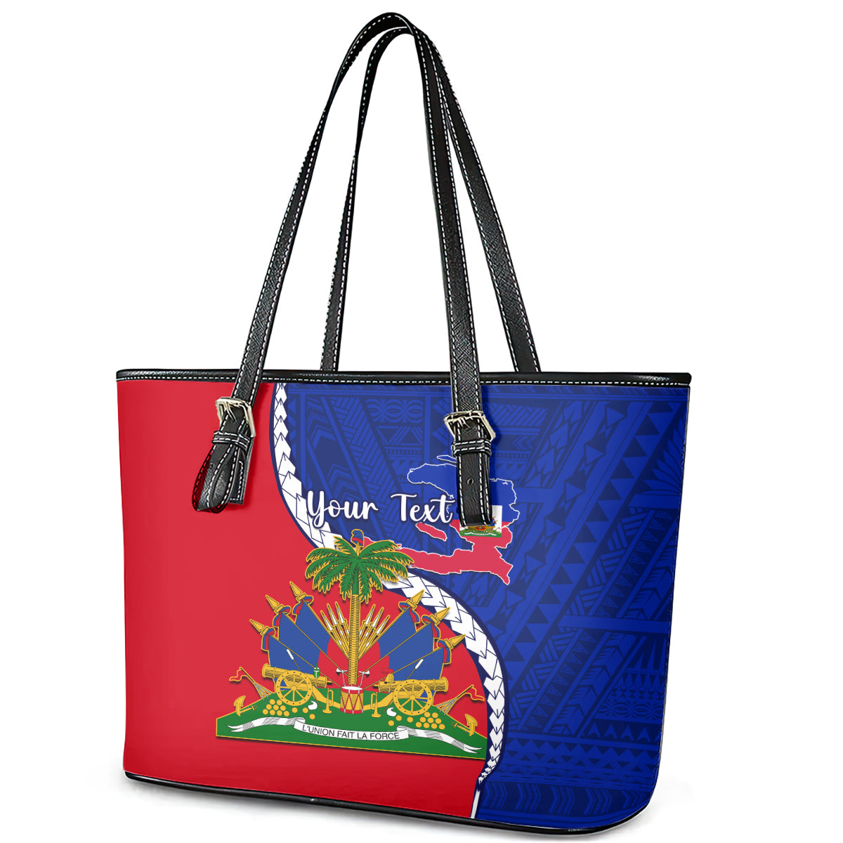 Personalised Haiti Independence Day Leather Tote Bag Ayiti National Emblem With Polynesian Pattern LT14