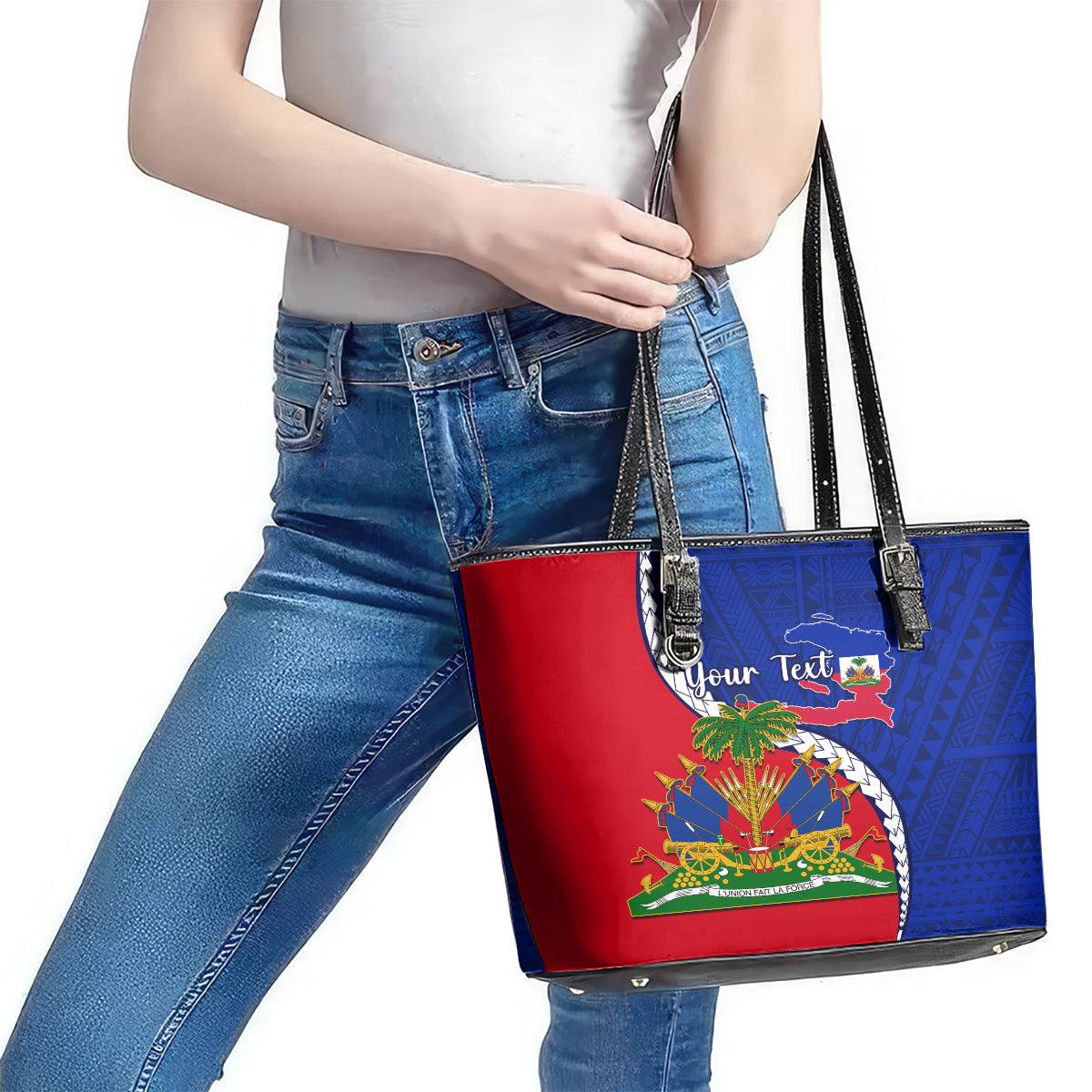 Personalised Haiti Independence Day Leather Tote Bag Ayiti National Emblem With Polynesian Pattern LT14