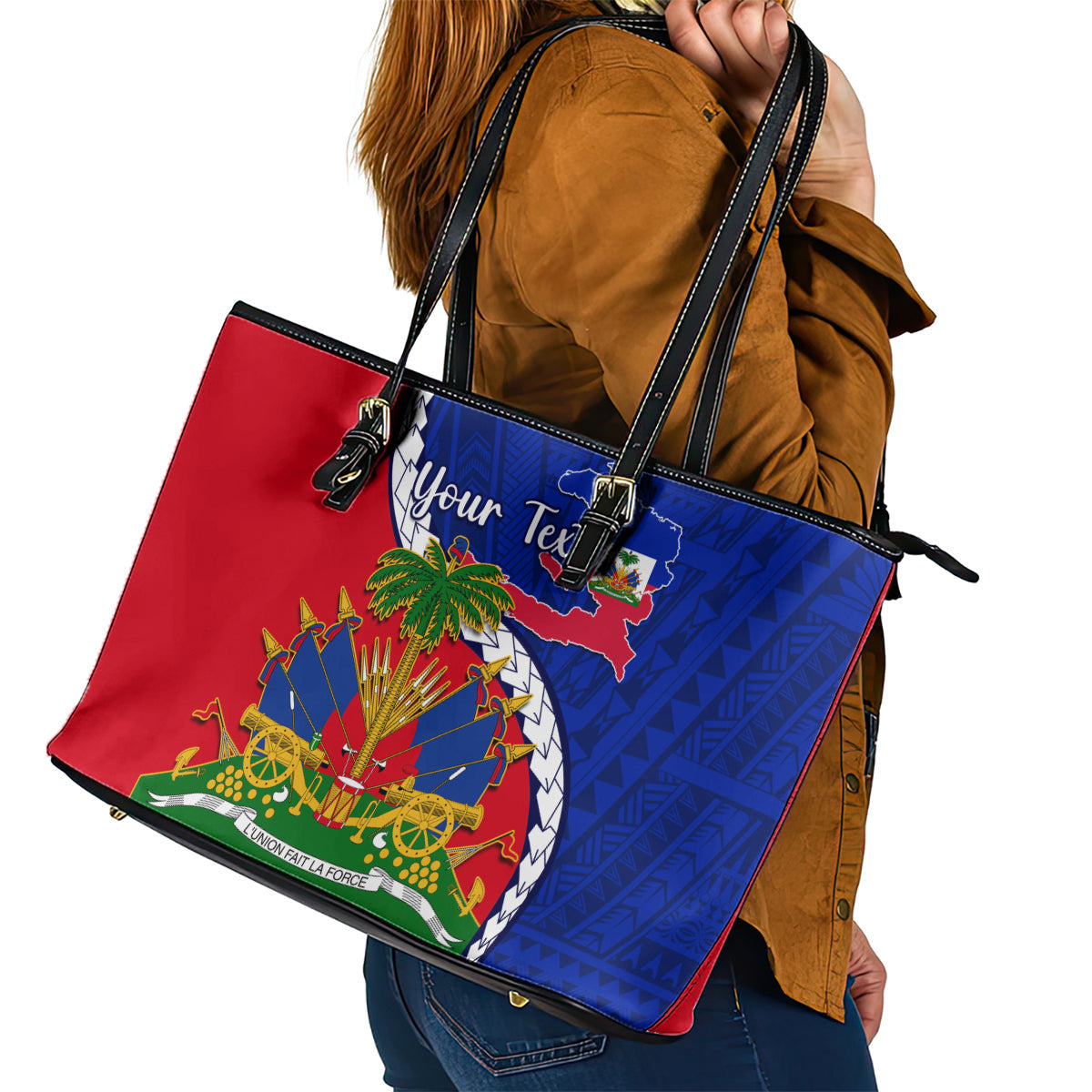 Personalised Haiti Independence Day Leather Tote Bag Ayiti National Emblem With Polynesian Pattern LT14