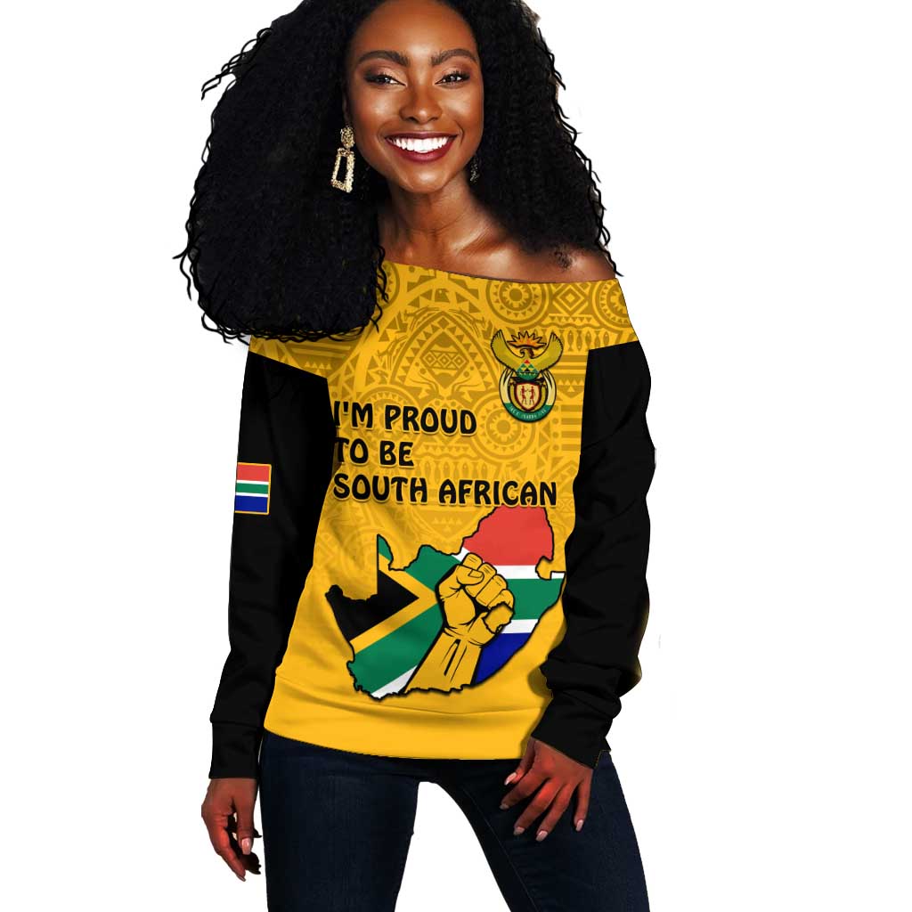 Personalised South Africa Off Shoulder Sweater African Pattern Happy Freedom Day Yellow Version LT14