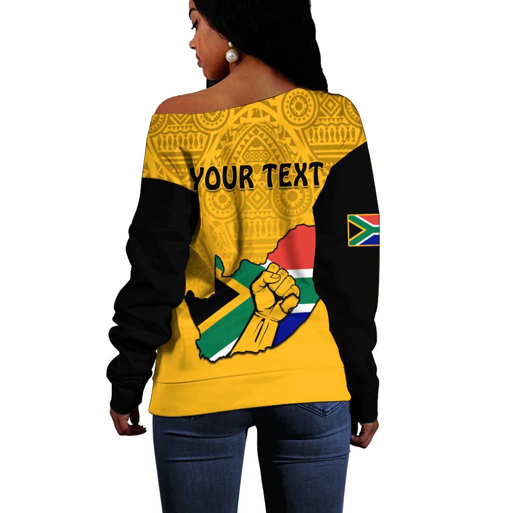 Personalised South Africa Off Shoulder Sweater African Pattern Happy Freedom Day Yellow Version LT14
