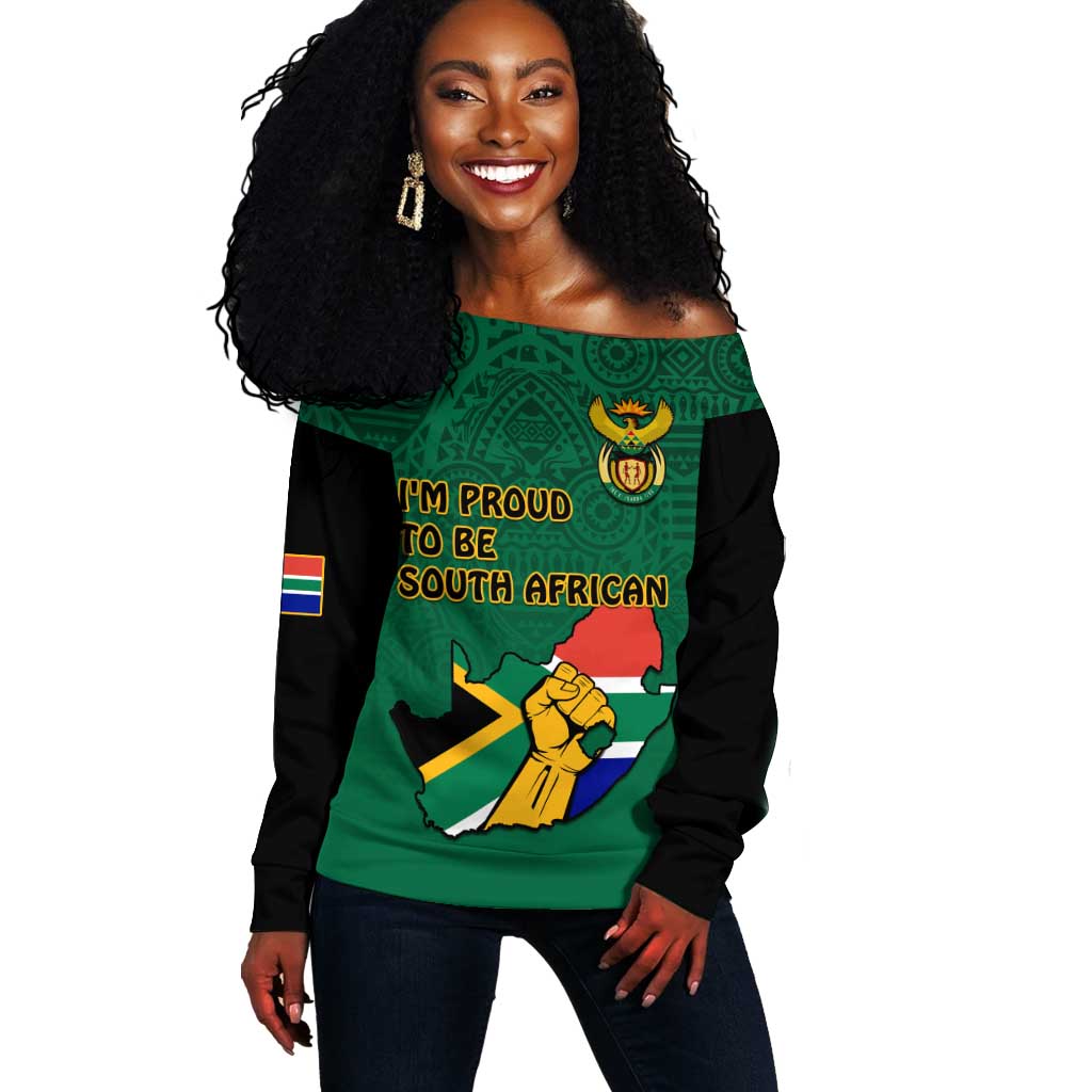 Personalised South Africa Off Shoulder Sweater African Pattern Happy Freedom Day Green Version LT14