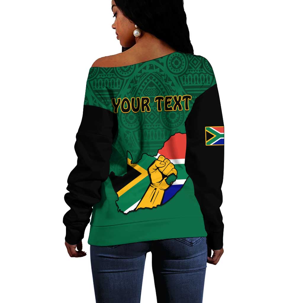 Personalised South Africa Off Shoulder Sweater African Pattern Happy Freedom Day Green Version LT14