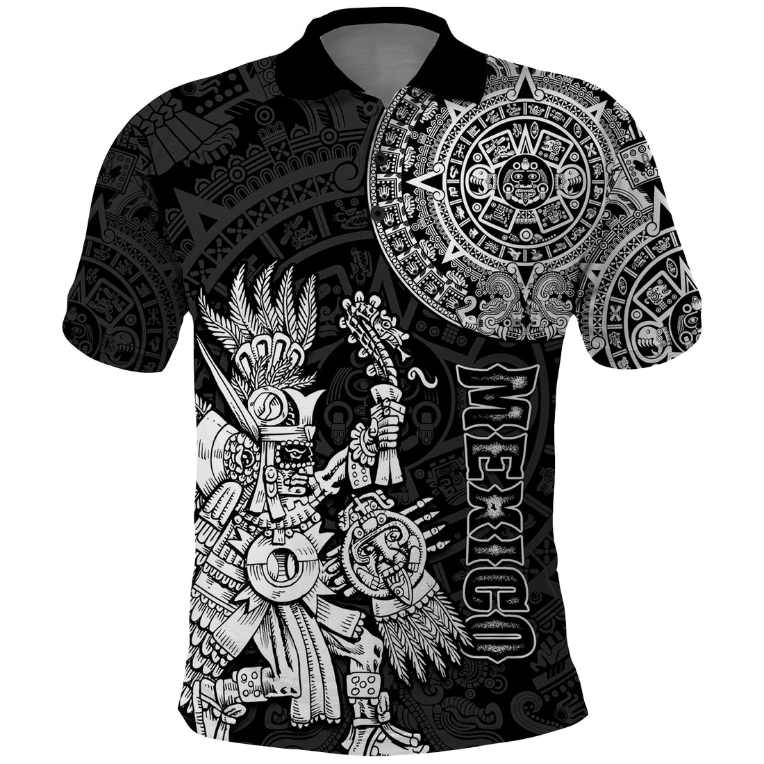 Custom Mexico Aztec Polo Shirt El Calendario Maya Mix Huitzilopochtli Black LT14