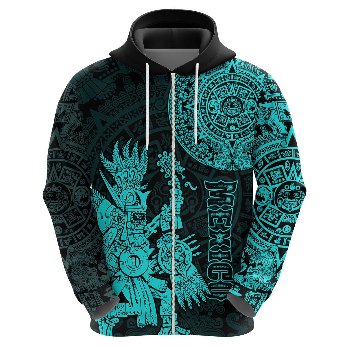 Custom Mexico Aztec Hoodie El Calendario Maya Mix Huitzilopochtli Turquoise LT14