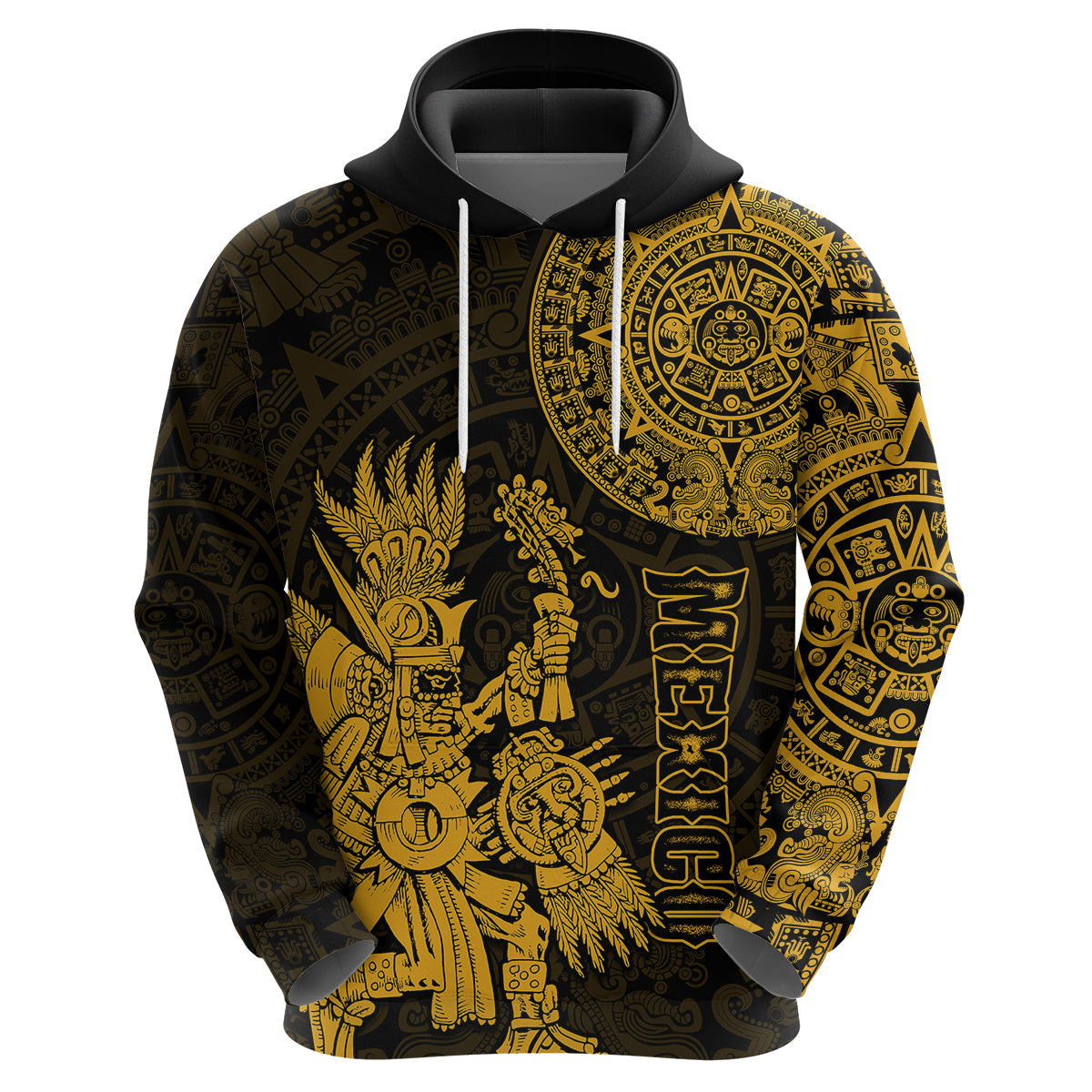 Custom Mexico Aztec Hoodie El Calendario Maya Mix Huitzilopochtli Gold LT14