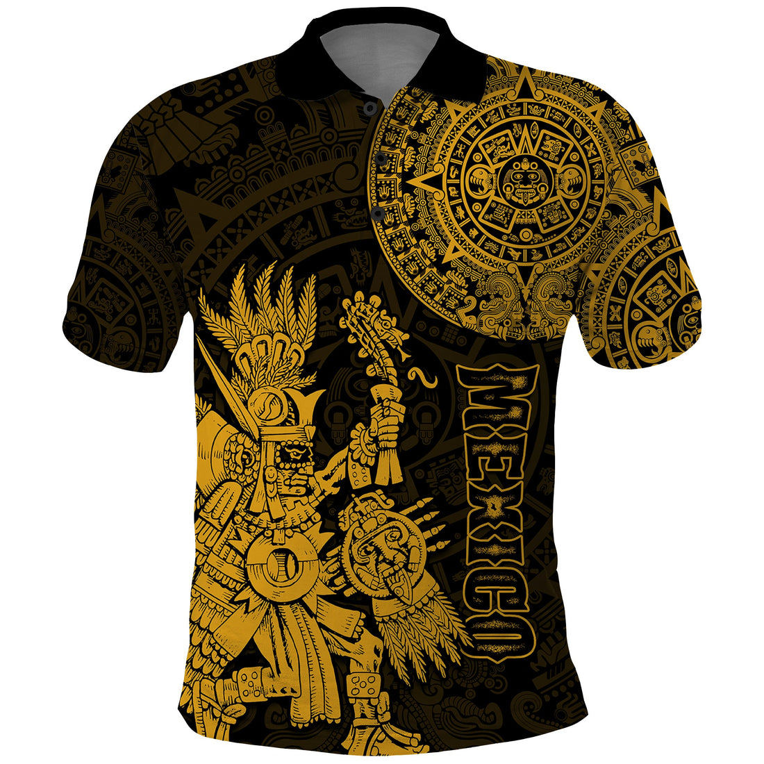 Custom Mexico Aztec Polo Shirt El Calendario Maya Mix Huitzilopochtli Gold LT14