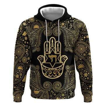 Jewish Hamsa Chai Hoodie Gold Paisley Pattern LT14