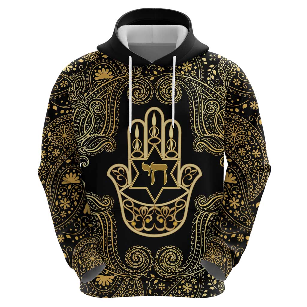Jewish Hamsa Chai Hoodie Gold Paisley Pattern LT14