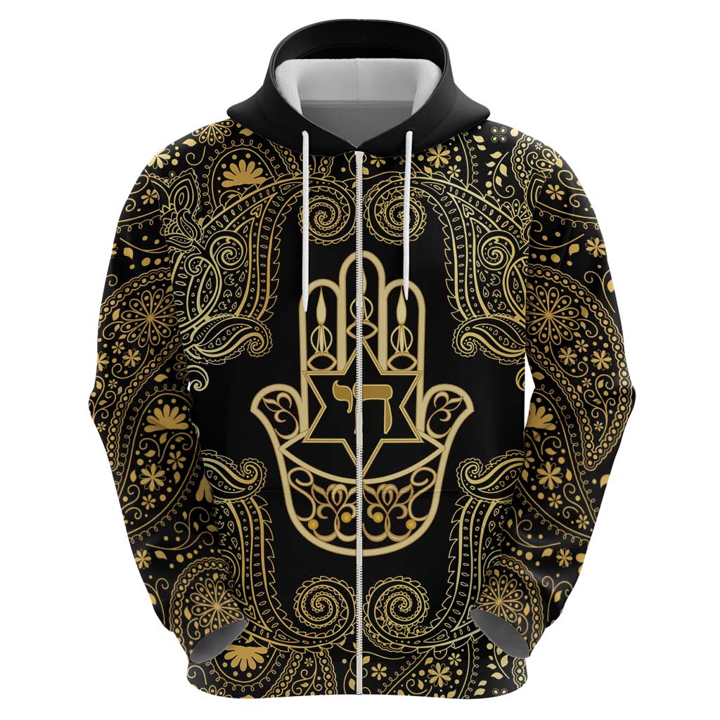 Jewish Hamsa Chai Hoodie Gold Paisley Pattern LT14