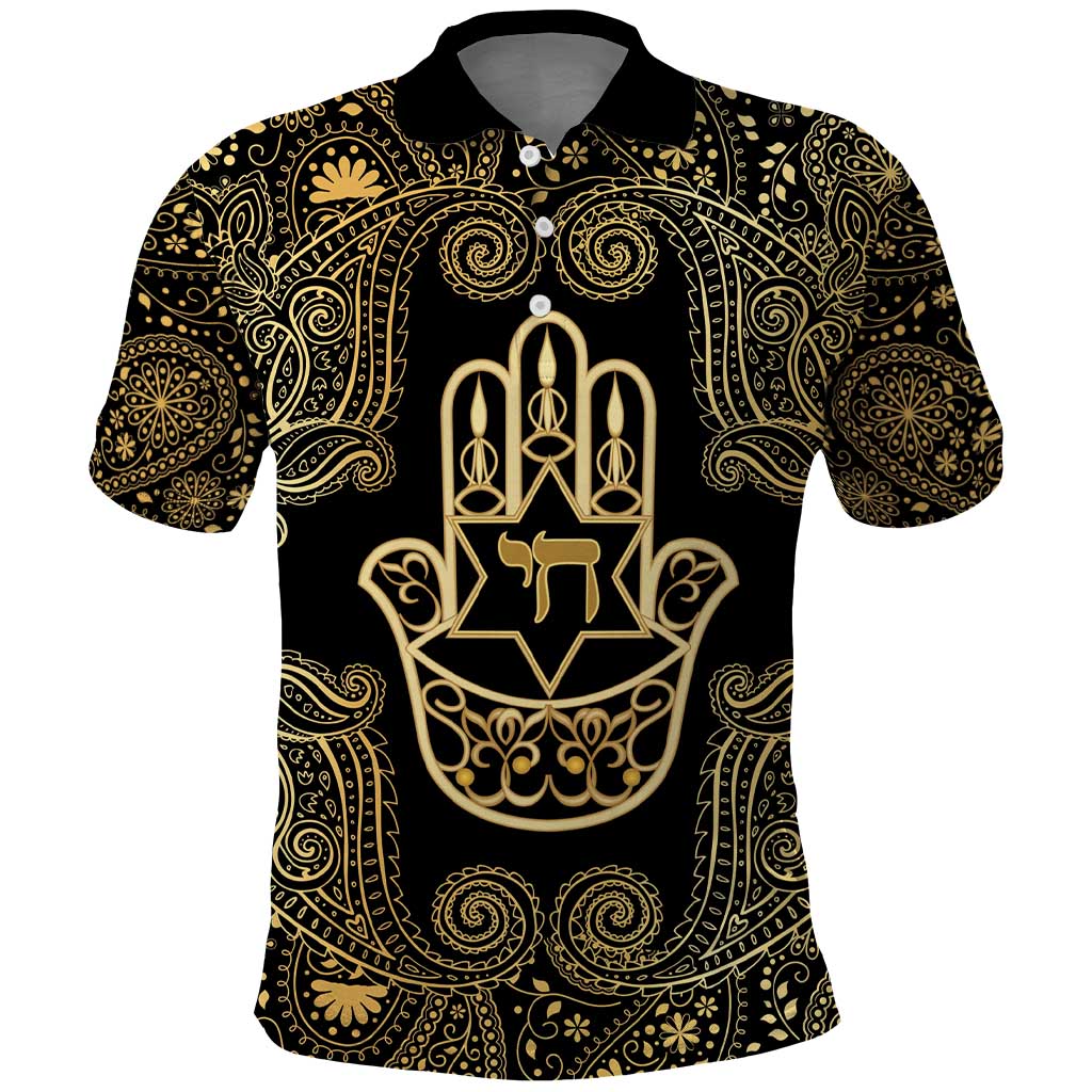 Jewish Hamsa Chai Polo Shirt Gold Paisley Pattern LT14