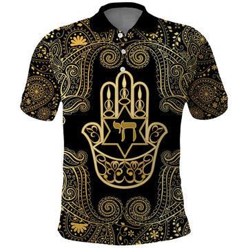 Jewish Hamsa Chai Polo Shirt Gold Paisley Pattern LT14