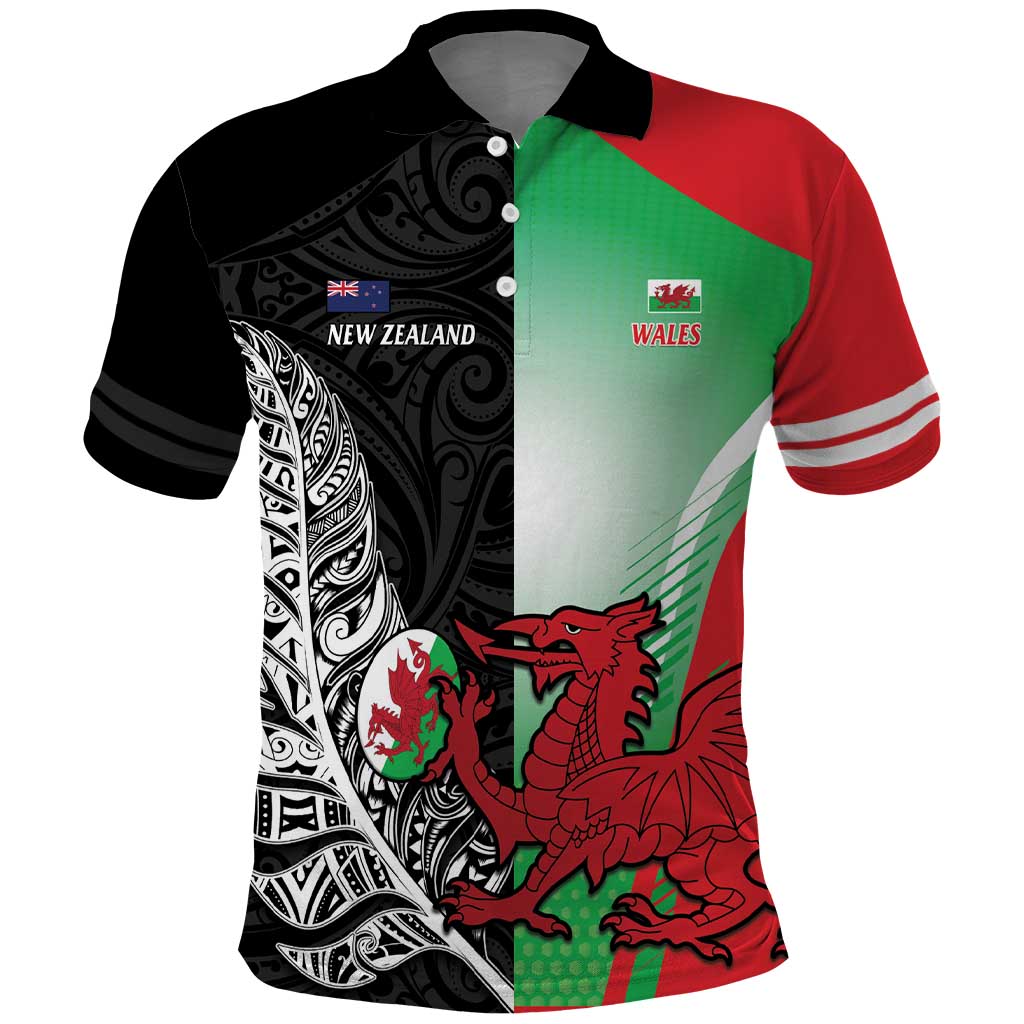 New Zealand and Wales Rugby Custom Polo Shirt Aotearoa All Black Combine Welsh Dragon LT14