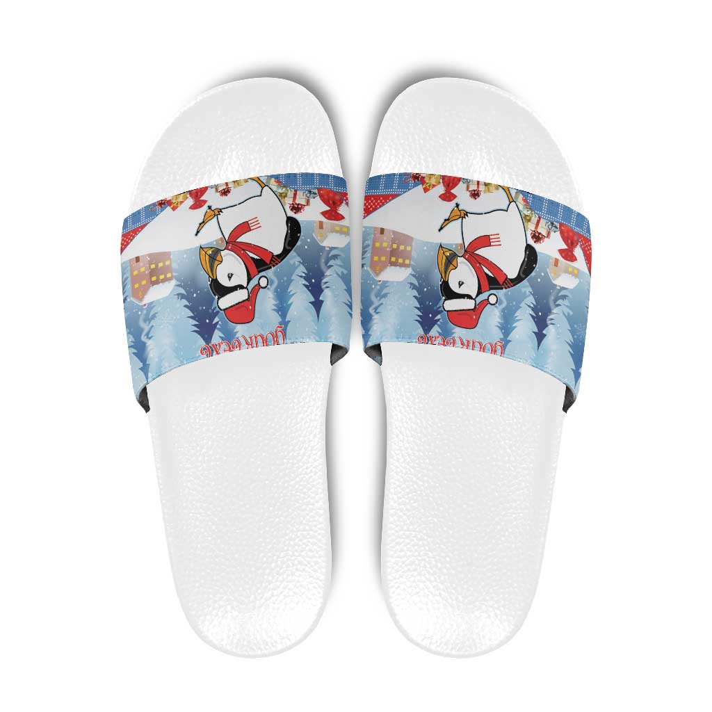 Personalised Puffin Iceland Christmas Slide Sandals Merry Xmas Winter Vibes LT14