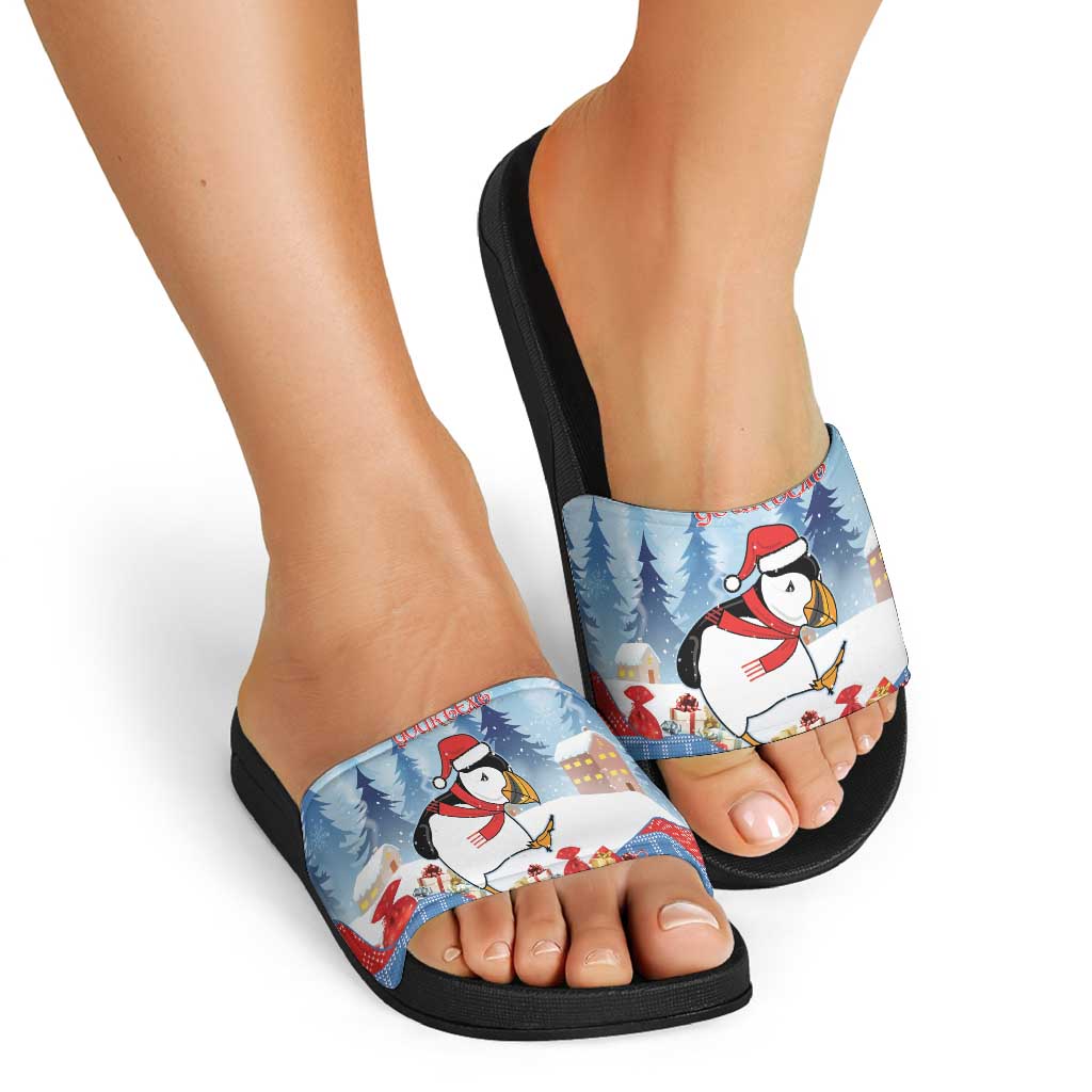 Personalised Puffin Iceland Christmas Slide Sandals Merry Xmas Winter Vibes LT14