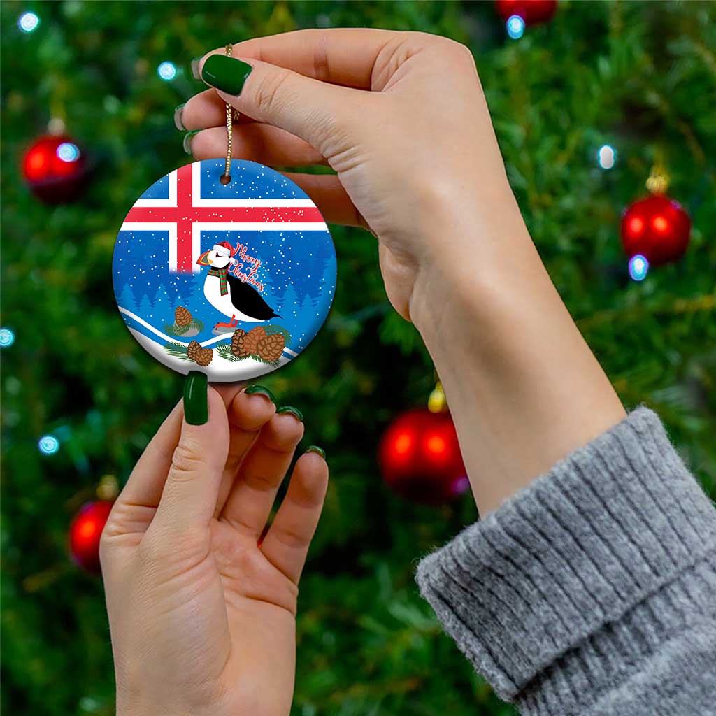 Personalised Iceland Christmas Ceramic Ornament Puffin Santa Winter Flag Style LT14