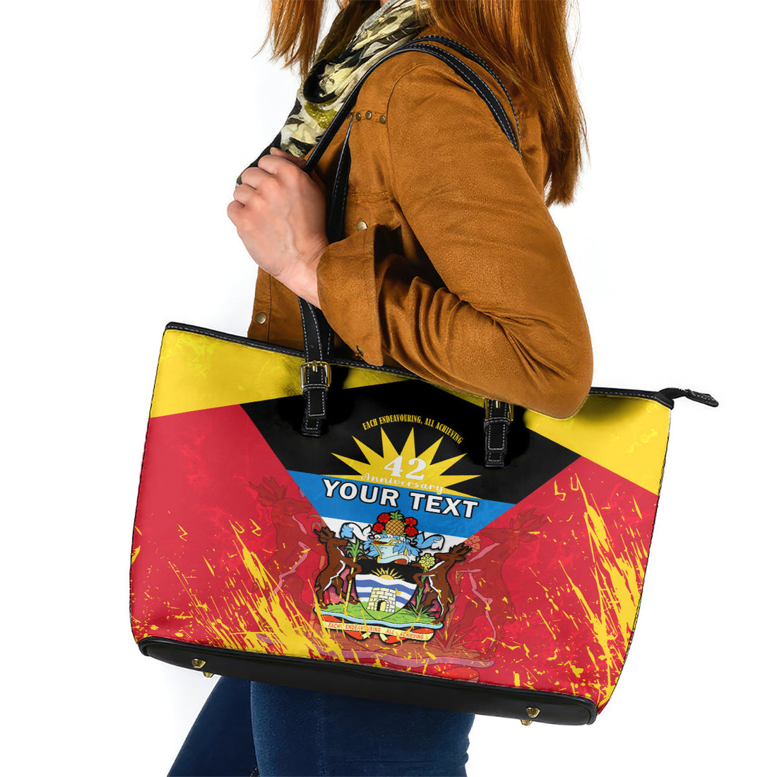 Personalised Antigua And Barbuda Independence Day Leather Tote Bag 42nd Anniversary Flag Style LT14