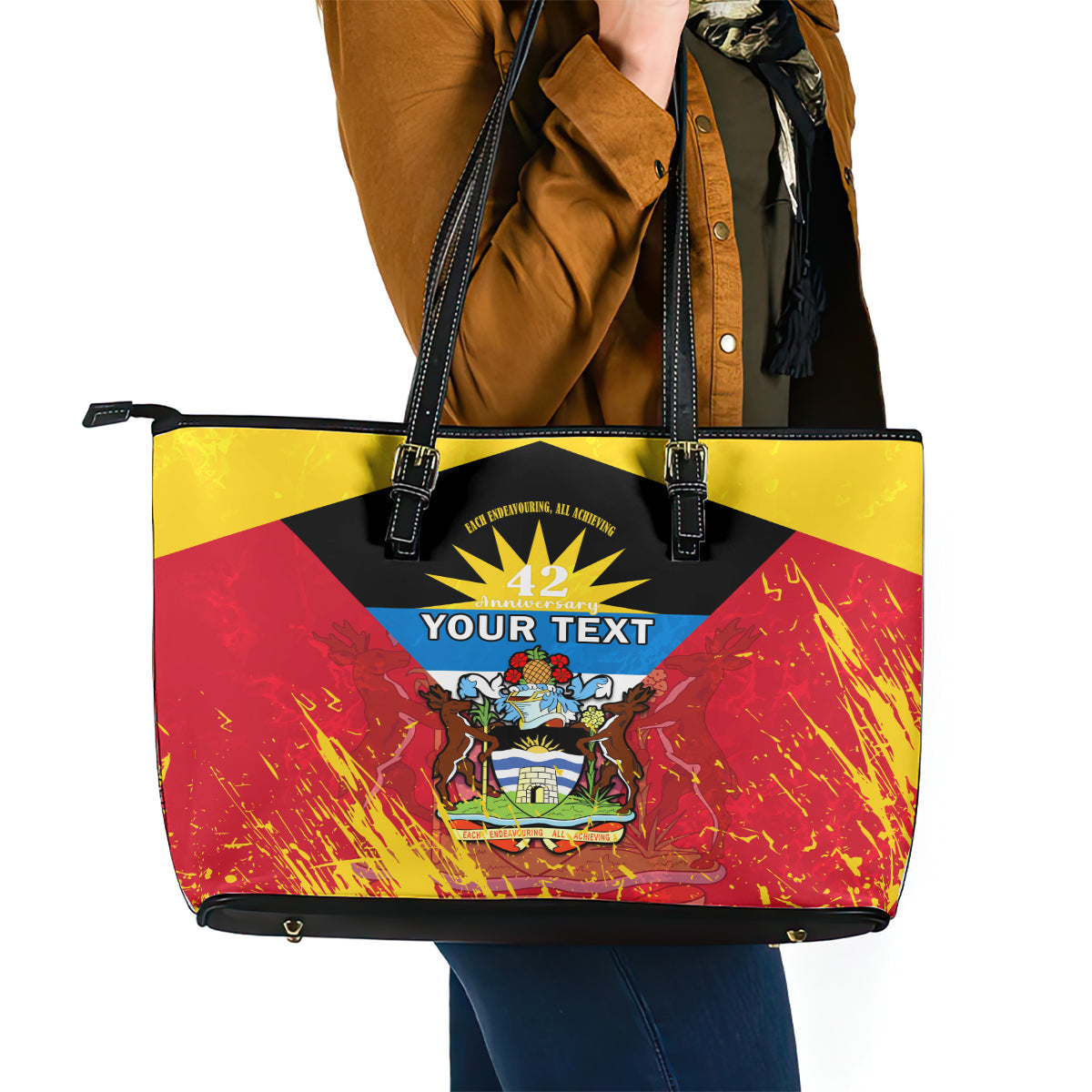 Personalised Antigua And Barbuda Independence Day Leather Tote Bag 42nd Anniversary Flag Style LT14
