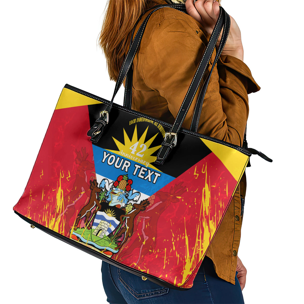 Personalised Antigua And Barbuda Independence Day Leather Tote Bag 42nd Anniversary Flag Style LT14