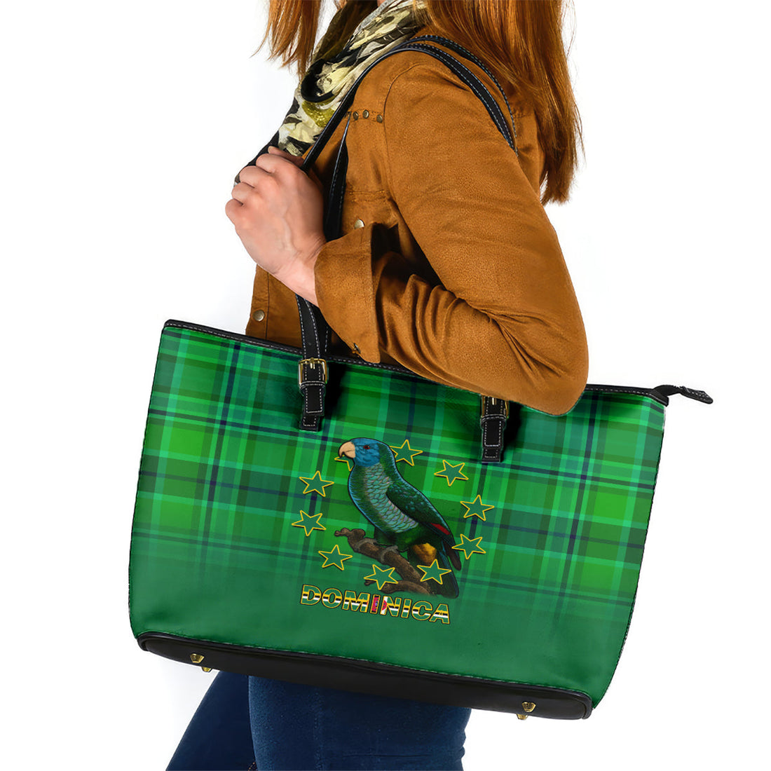 Dominica Independence Day Leather Tote Bag Dominik Sisserou Parrot With Madras Pattern LT14