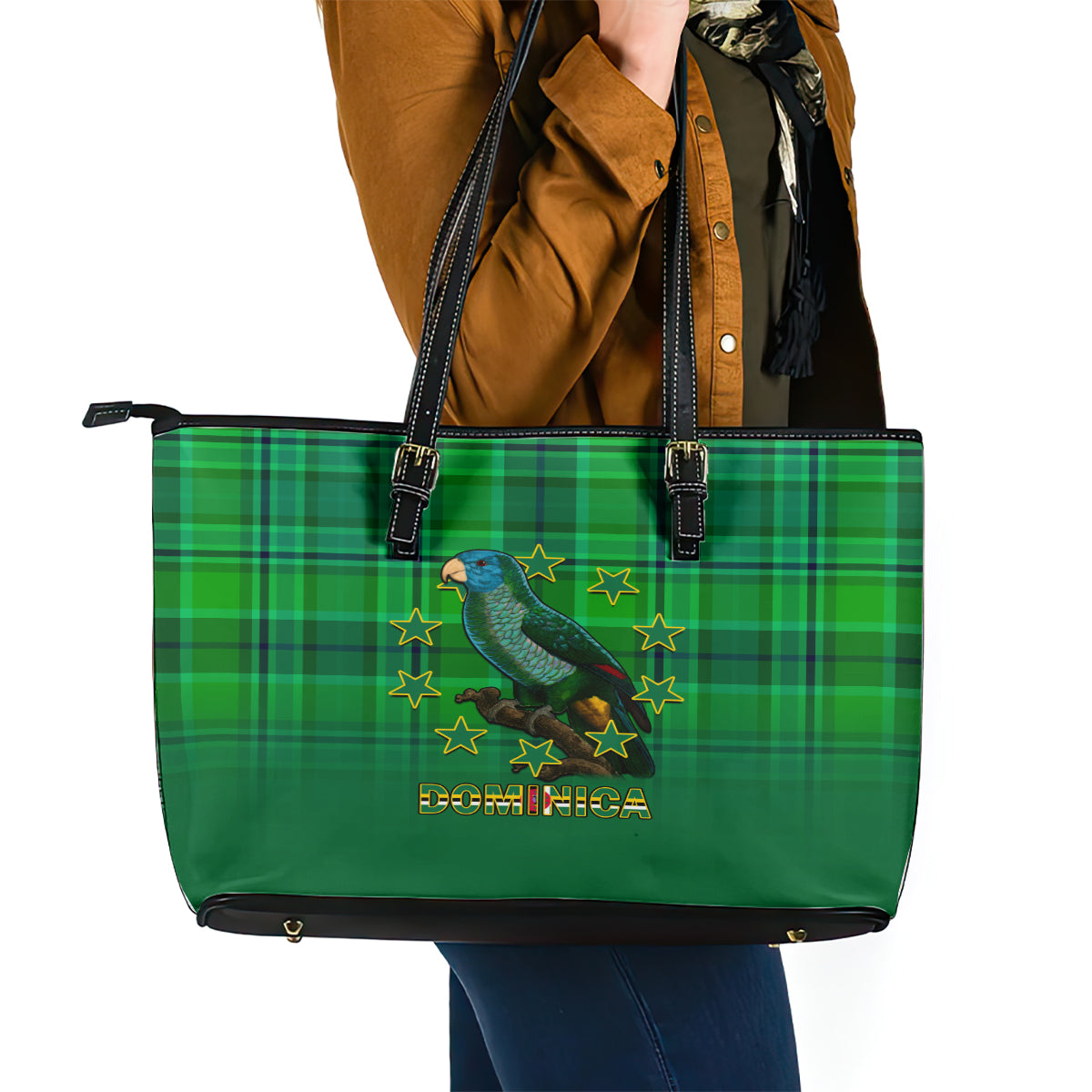 Dominica Independence Day Leather Tote Bag Dominik Sisserou Parrot With Madras Pattern LT14