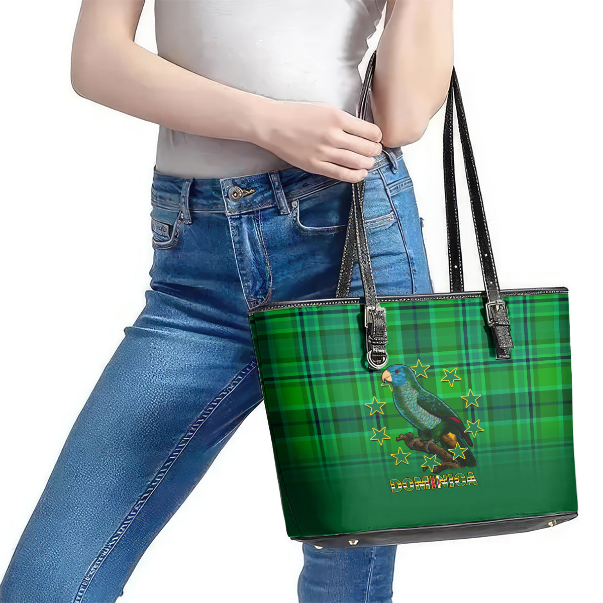 Dominica Independence Day Leather Tote Bag Dominik Sisserou Parrot With Madras Pattern LT14