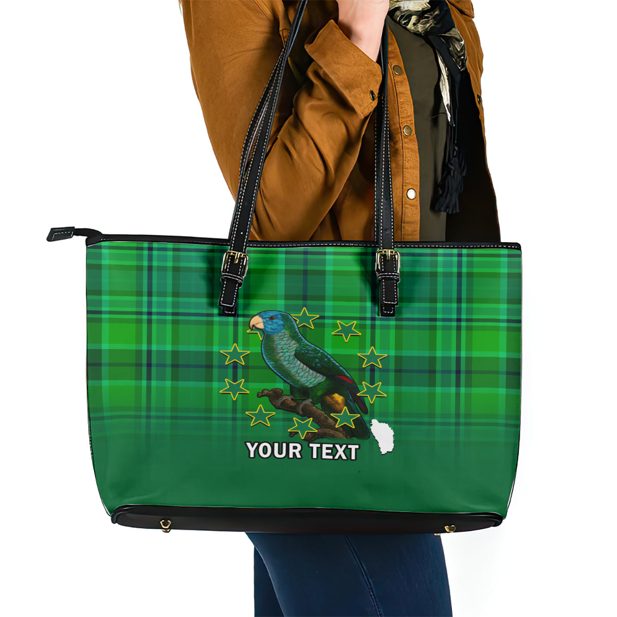 Personalised Dominica Independence Day Leather Tote Bag Dominik Sisserou Parrot With Madras Pattern LT14