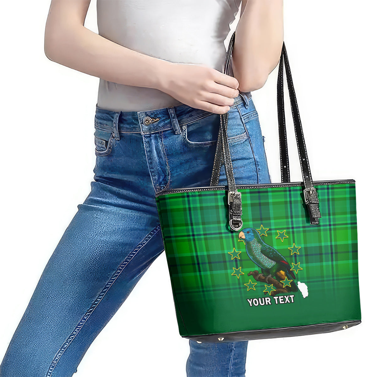 Personalised Dominica Independence Day Leather Tote Bag Dominik Sisserou Parrot With Madras Pattern LT14