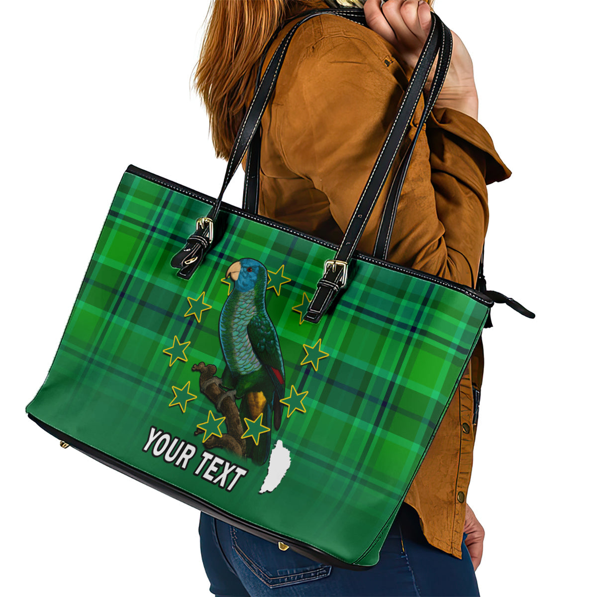 Personalised Dominica Independence Day Leather Tote Bag Dominik Sisserou Parrot With Madras Pattern LT14