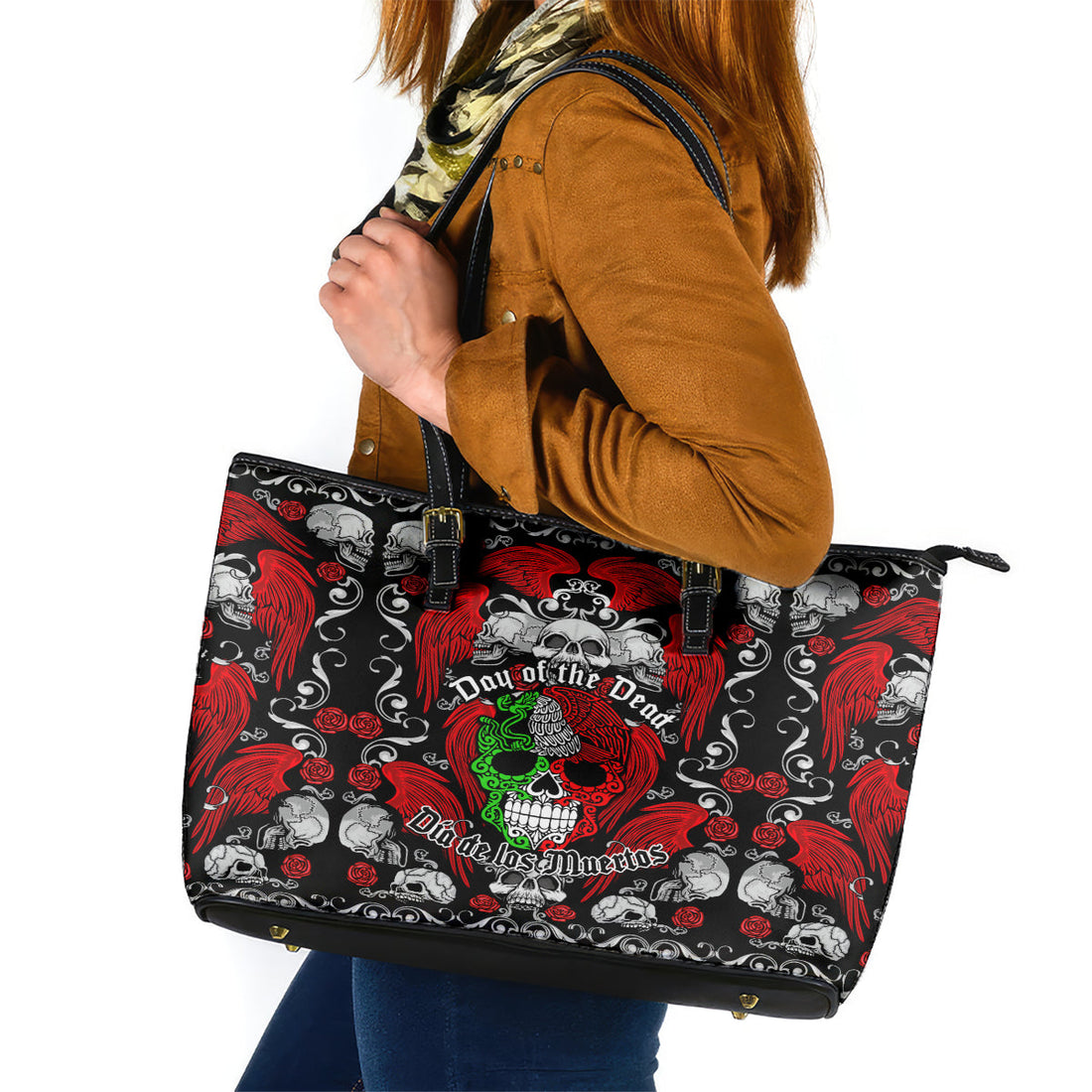 Mexico Day Of The Dead Leather Tote Bag Mexican Sugar Skull Dia de los Muertos LT14