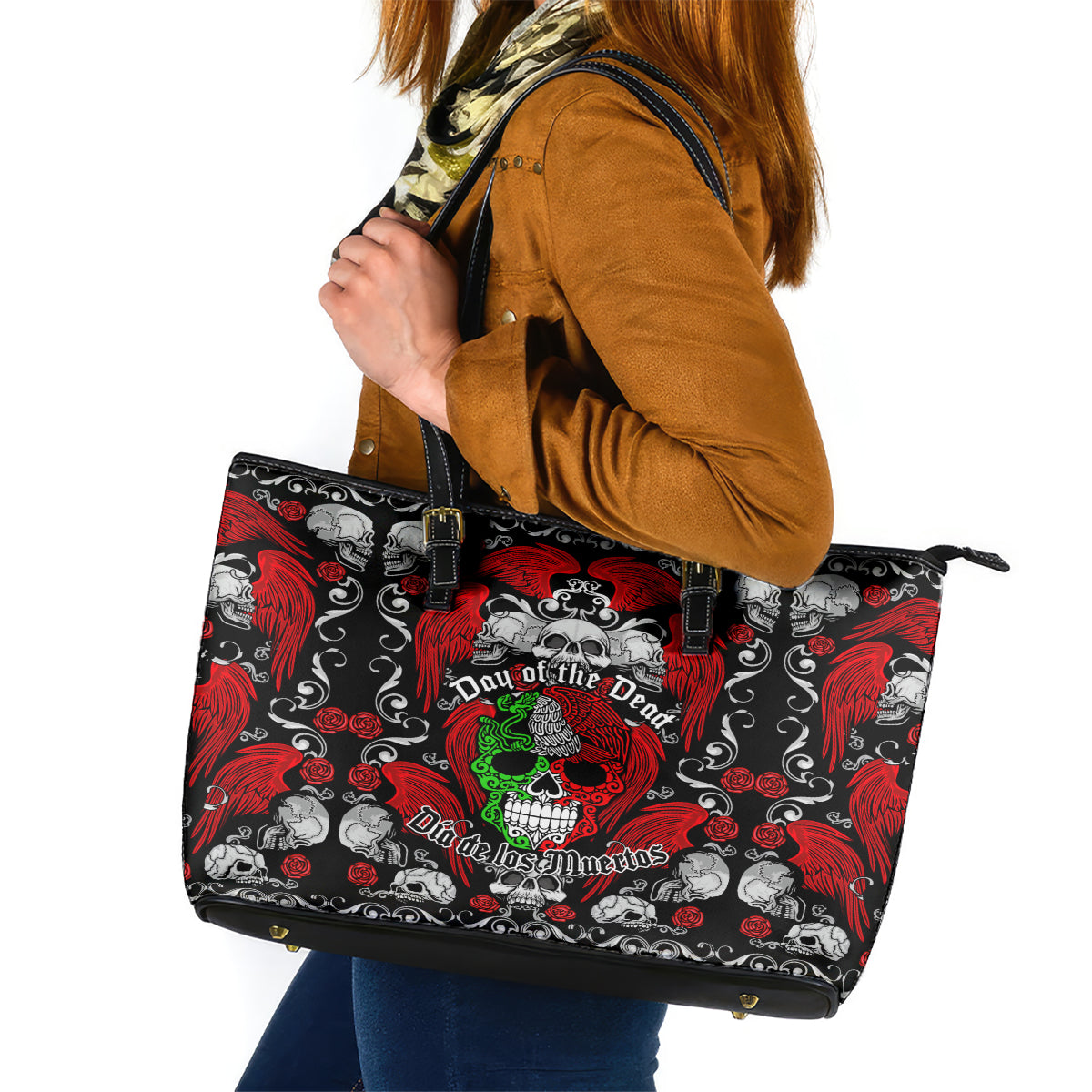 Mexico Day Of The Dead Leather Tote Bag Mexican Sugar Skull Dia de los Muertos LT14