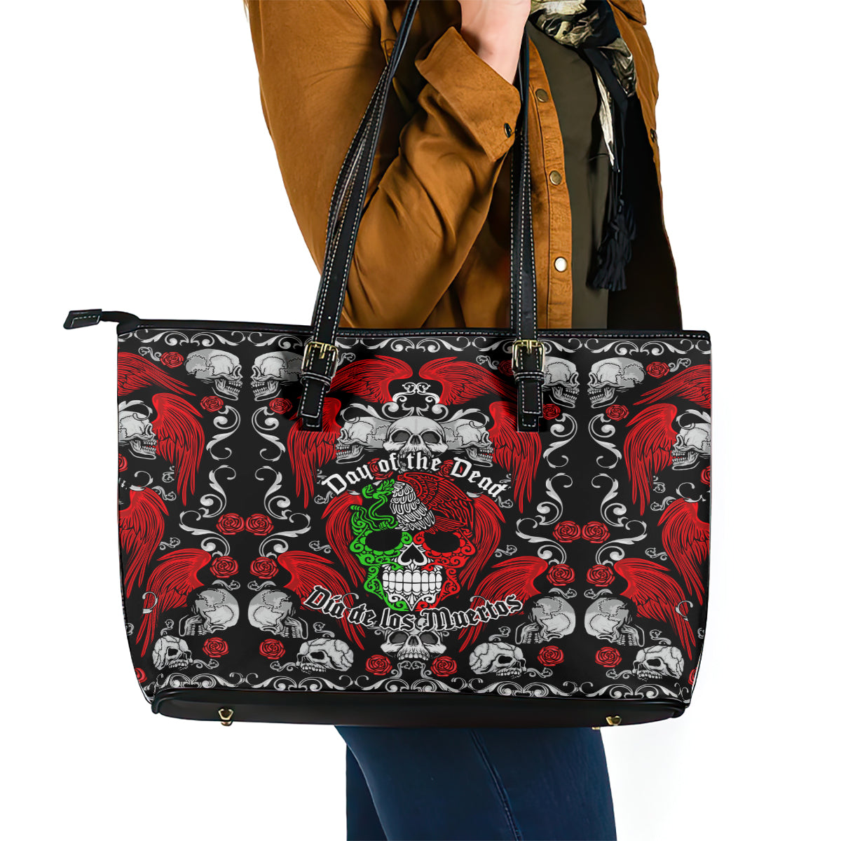 Mexico Day Of The Dead Leather Tote Bag Mexican Sugar Skull Dia de los Muertos LT14