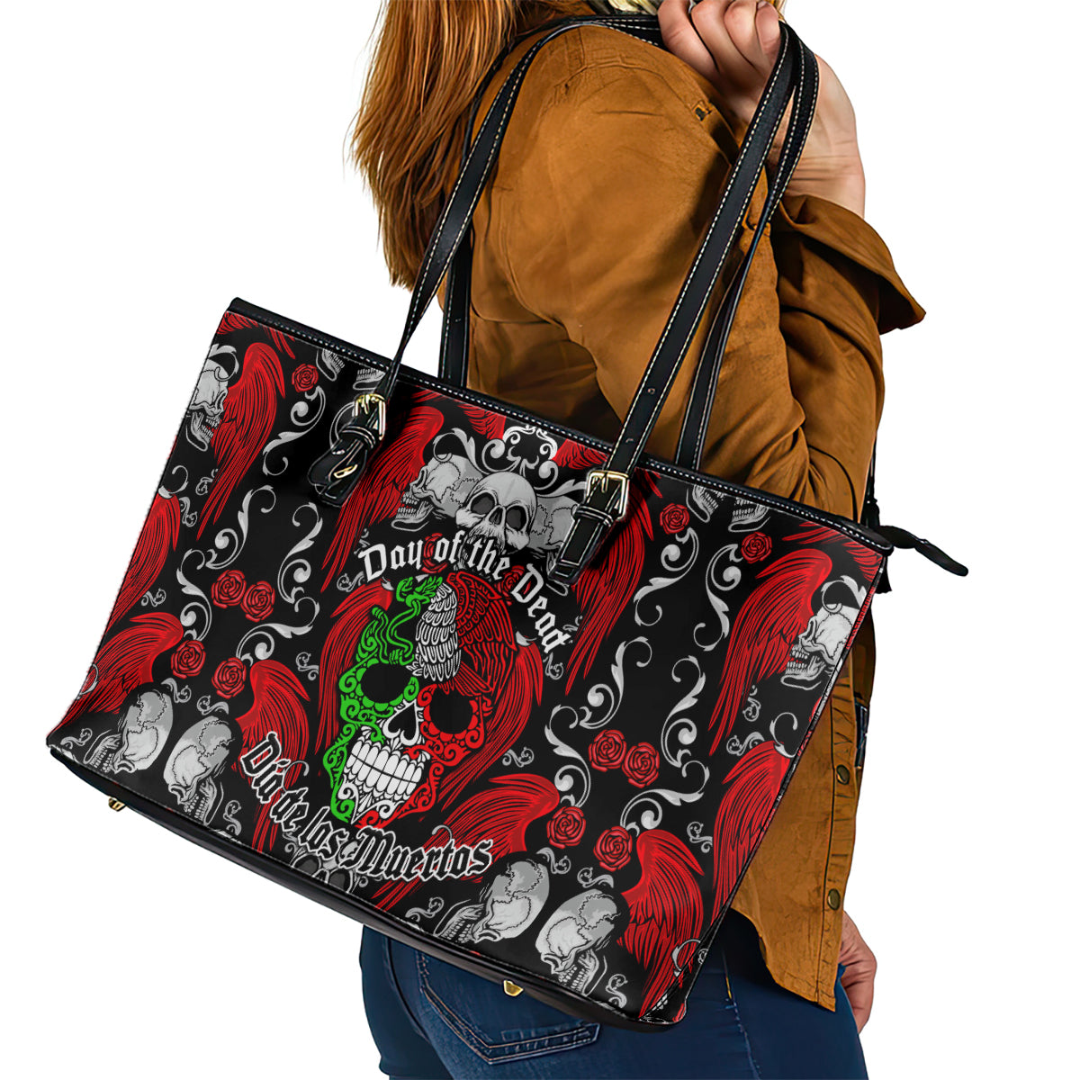 Mexico Day Of The Dead Leather Tote Bag Mexican Sugar Skull Dia de los Muertos LT14