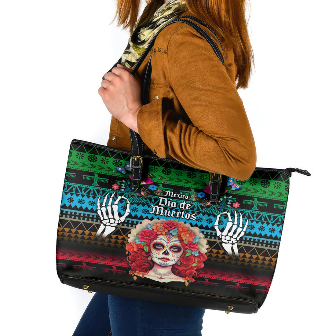Mexico Day Of The Dead Leather Tote Bag Mexican La Catrina Dia de los Muertos LT14
