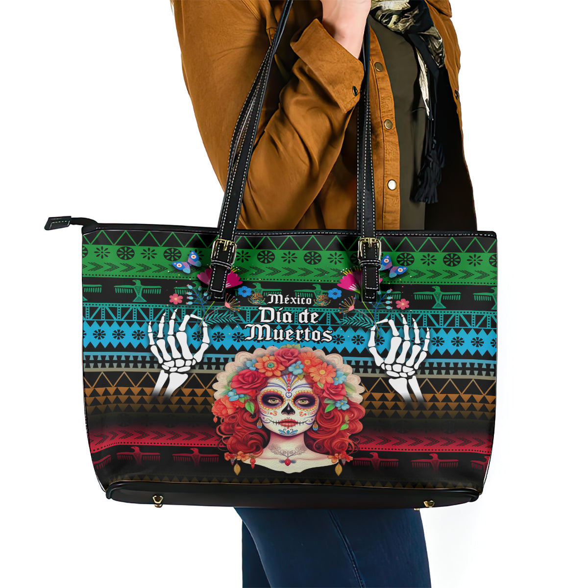 Mexico Day Of The Dead Leather Tote Bag Mexican La Catrina Dia de los Muertos LT14