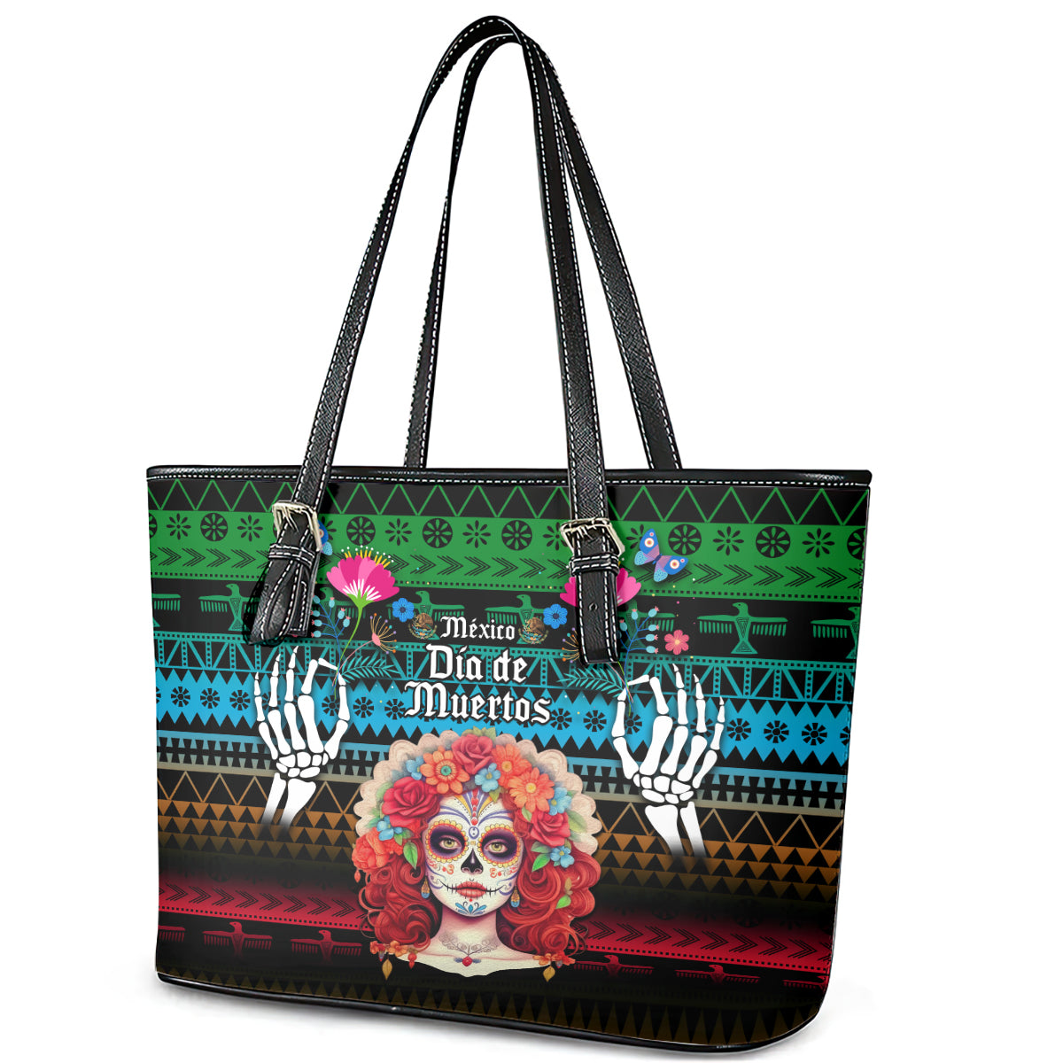 Mexico Day Of The Dead Leather Tote Bag Mexican La Catrina Dia de los Muertos LT14