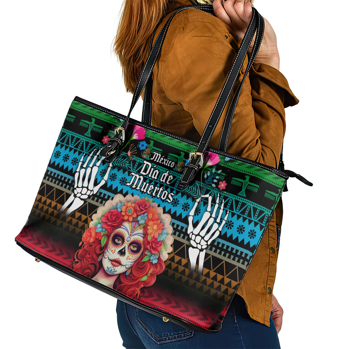 Mexico Day Of The Dead Leather Tote Bag Mexican La Catrina Dia de los Muertos LT14